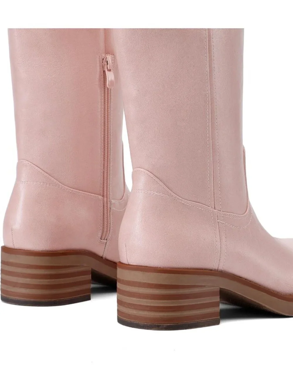 Women's Pink Faux Leather Square Toe Chunky Block Heel Knee High Riding Boots
